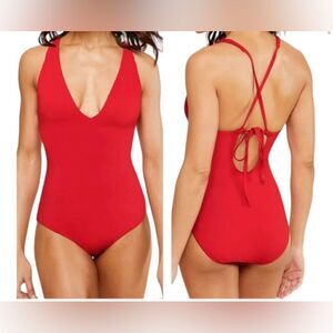 Andie Swim The Bali One Piece Swimsuit Tieback V Neck Cherry Red NWT Size L